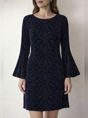 ECI Velvet Burnout Dress XS Black Blue Baroque Bell Sleeve Cocktail Mini